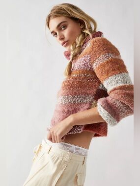 Free People My Girl Turtleneck Sweater Large Striped Boucle Boho Colorful‎ Cozy